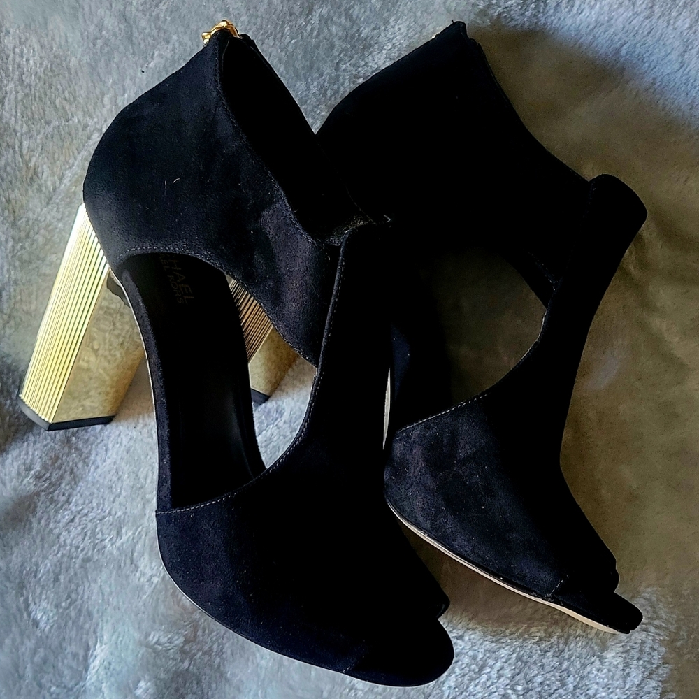 Michael Kors Black Peep-Toe Heels with Gold Accent